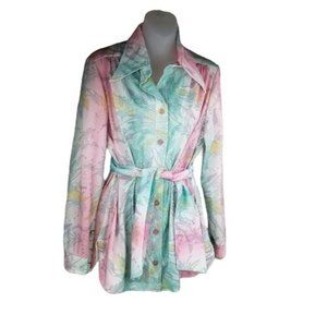 70s Vtg Tucker Knits Retro Disco Polyester Top Women sz 16 M/L Button Up Floral